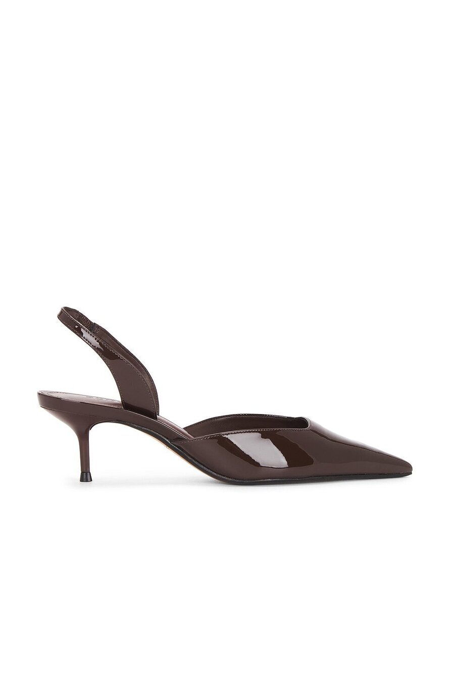 Schutz Paola Mid Pump in Root Brown patent leather kitten heel pointed toe